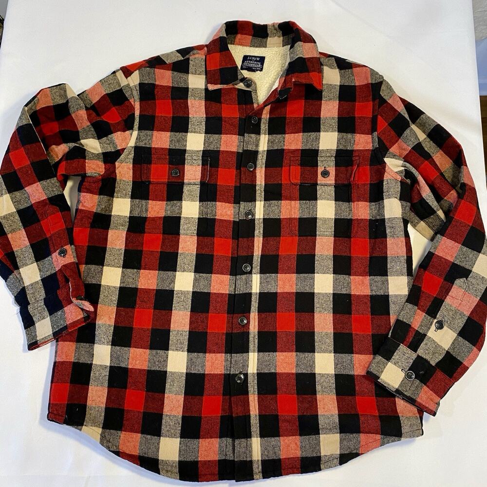 J. Crew Red Black Check Plaid Flannel Primaloft Sherpa Lined Button Down Coat L